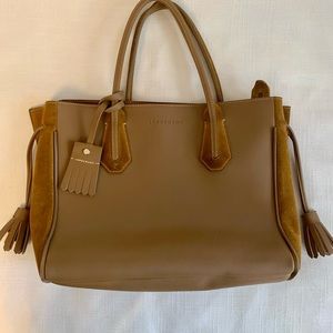 Longchamp Penelope Medium Tan Suede Leather Tote Shoulder Bag Tassel Satchel